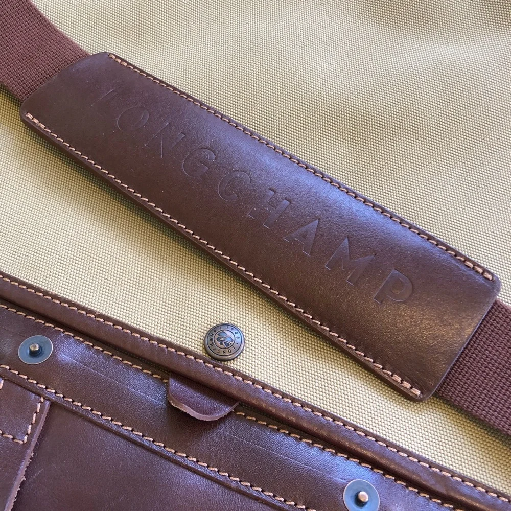 Longchamp Beige and Brown Leather-Trim Briefcase
